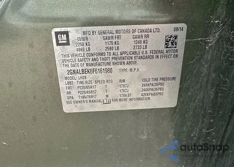 2015 Chevrolet Equinox 1Lt из США, поврежденный, VIN 2GNALBEK6F6161980